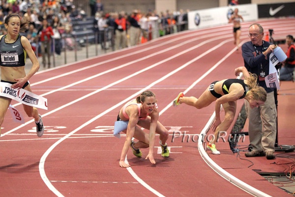 And Tumbles to the Track as Uhl Nearly Hurt Herself Badly