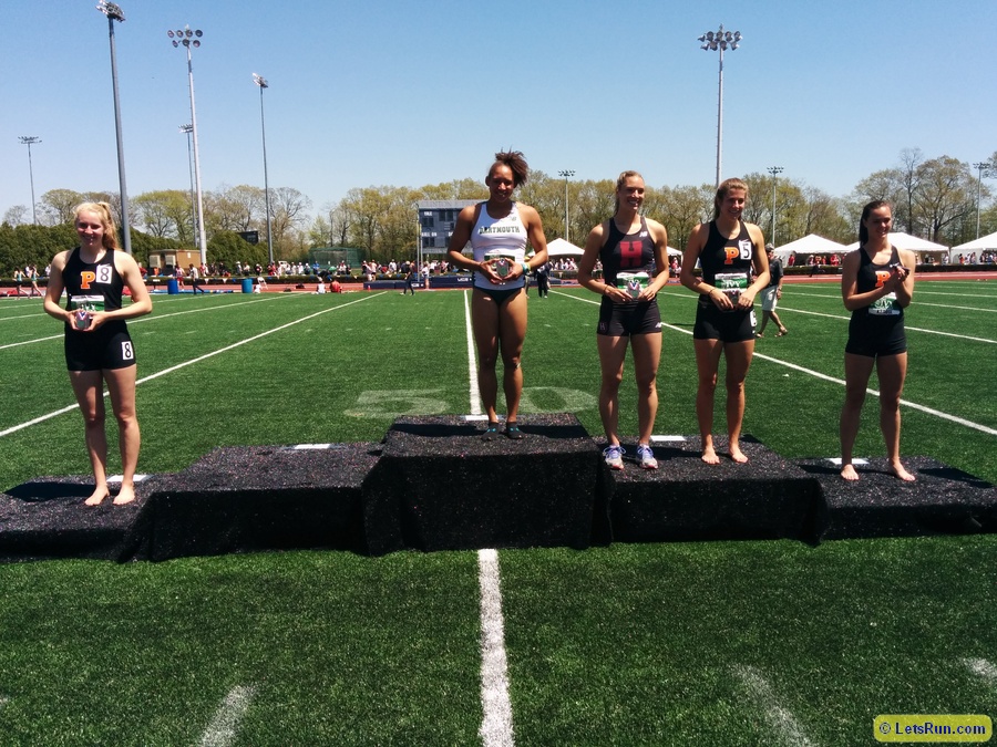 Heptathlon scorers l to r: Taylor Morgan of Princeton, Janae Dunchack of Darmtouth, Madison Hanseon of Harvard, Elizabeth McKenna of Princeton and Kerry Krause of Princeton