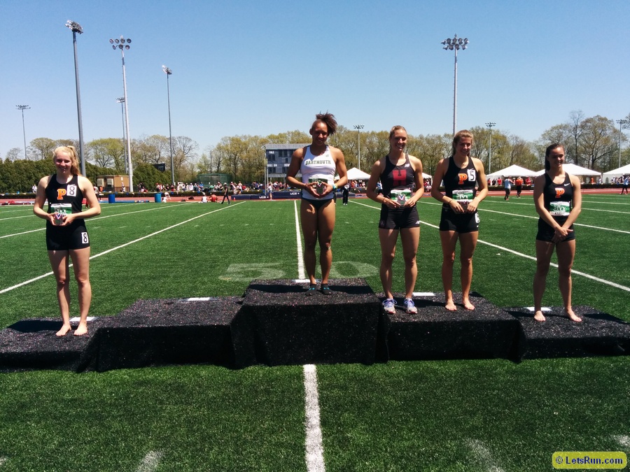 Heptathlon scorers l to r: Taylor Morgan of Princeton, Janae Dunchack of Darmtouth, Madison Hanseon of Harvard, Elizabeth McKenna of Princeton and Kerry Krause of Princeton