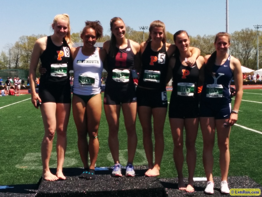 Heptathlon scorers l to r: Taylor Morgan of Princeton, Janae Dunchack of Darmtouth, Madison Hanseon of Harvard, Elizabeth McKenna of Princeton, Kerry Krause of Princeton and Yale's Amanda Snajder