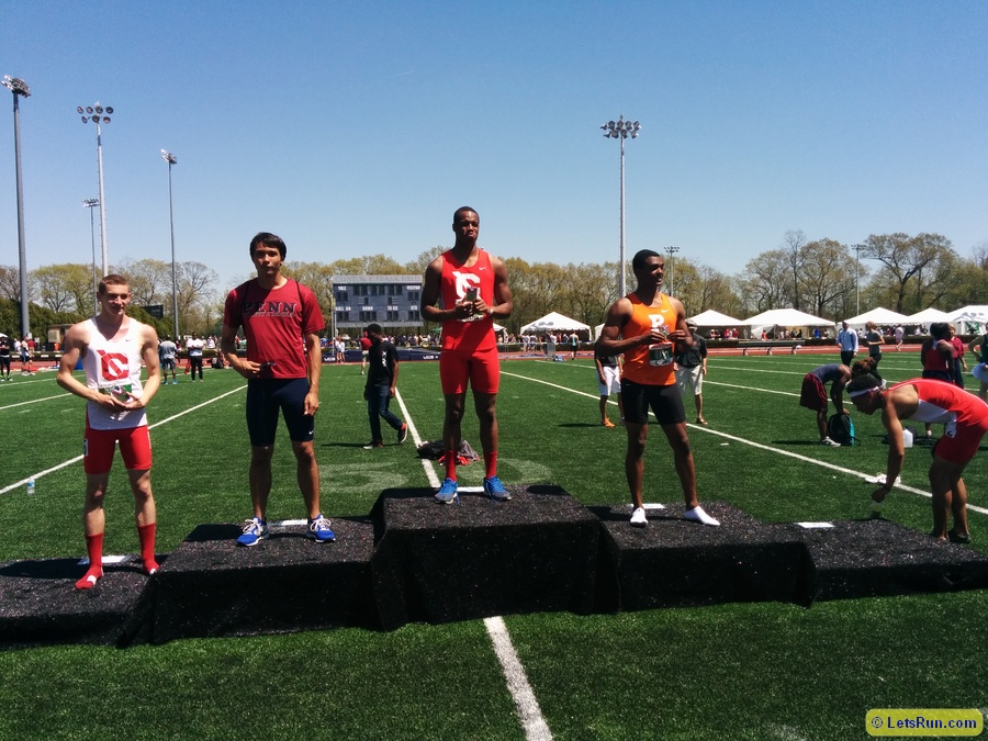 Men's 110h podium l to r: Cornell's Wynndham Curtis, Penn's Ben Bowers, Cornell's Max Hairston, Princeton's Greg Caldwell and Cornell's Austin Jamerson