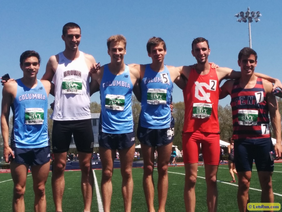 800 scorers l to r: Rob Napolitano of Columbia, Brown's Tyler Benster,  Columbia's Harry McFann, Columbia's Brendon Fish, Will Weinlandt of Cornell and Penn's Mato Bekelja