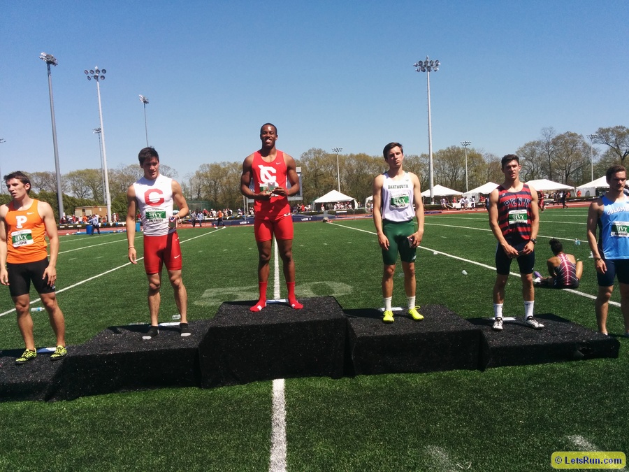 400h scorers l to r: , Greg Leeper of Princeton, Cornell's Jordan Sherwood and Max Hairston, Dartmouth's Edward Wagner, Penn's Tom Timmins, and Columbia's Corey Hammond