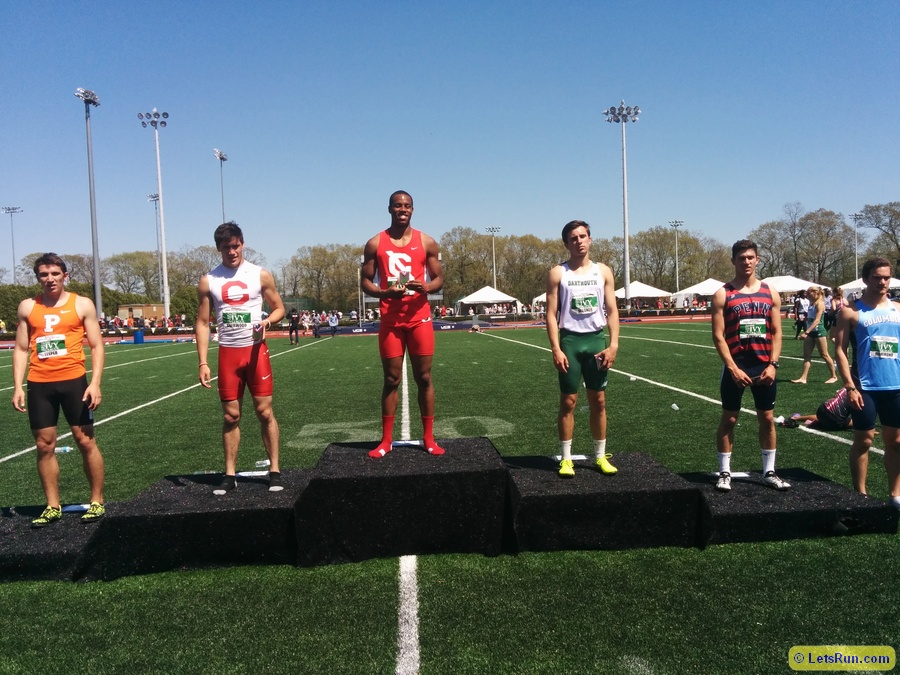 400h scorers l to r: , Greg Leeper of Princeton, Cornell's Jordan Sherwood and Max Hairston, Dartmouth's Edward Wagner, Penn's Tom Timmins, and Columbia's Corey Hammond