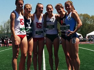 Steeple scorers l to r:  Claire DeVoe (5th), Kira Garry (3rd), Rachel Sorna (1st), Sarah Delozier (2nd), Elizabeth Bird (4th), Leila Mantilla (6th)
