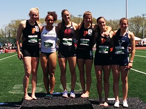Heptathlon scorers l to r: Taylor Morgan of Princeton, Janae Dunchack of Darmtouth, Madison Hanseon of Harvard, Elizabeth McKenna of Princeton, Kerry Krause of Princeton and Yale's Amanda Snajder