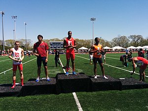 Men's 110h podium l to r: Cornell's Wynndham Curtis, Penn's Ben Bowers, Cornell's Max Hairston, Princeton's Greg Caldwell and Cornell's Austin Jamerson