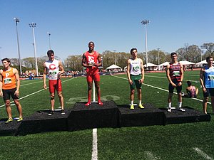 400h scorers l to r: , Greg Leeper of Princeton, Cornell's Jordan Sherwood and Max Hairston, Dartmouth's Edward Wagner, Penn's Tom Timmins, and Columbia's Corey Hammond