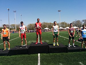 400h scorers l to r: , Greg Leeper of Princeton, Cornell's Jordan Sherwood and Max Hairston, Dartmouth's Edward Wagner, Penn's Tom Timmins, and Columbia's Corey Hammond