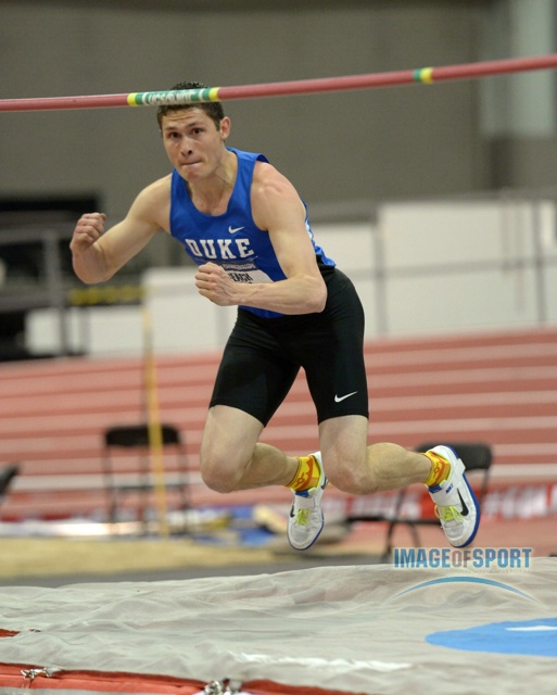 Curtis Beach of Duke celebrates after a clearance of 6-9 (2.06m) in the heptathlon high jump