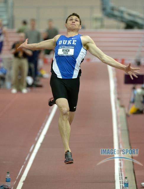 Curtis Beach of Duke jumps 25-2 (7.67m) for the top mark in the heptathlon long jump