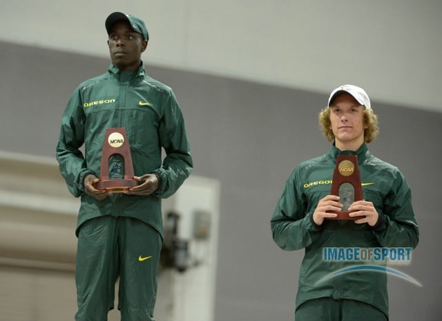 Edward Cheserek (left) and Parker Stinson of Oregon on the awards podium after finishing first and third in the 5,000m