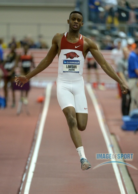 Jarrion Lawson of Arkansas wins the long jump at 27-6 1/2 (8.39m)