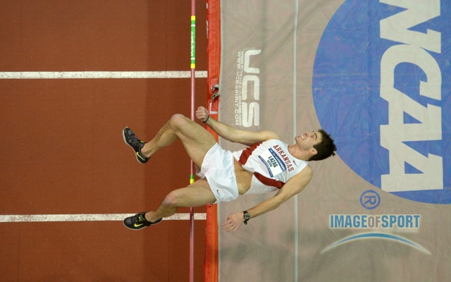 Kevin Lazas of Arkansas clears 6-6 3/4 (2.00m) in the heptathlon high jump