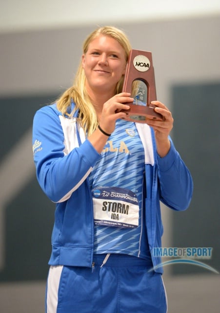 Ida Storm of UCLA on the awards podium after finishing second in the womens weight throw