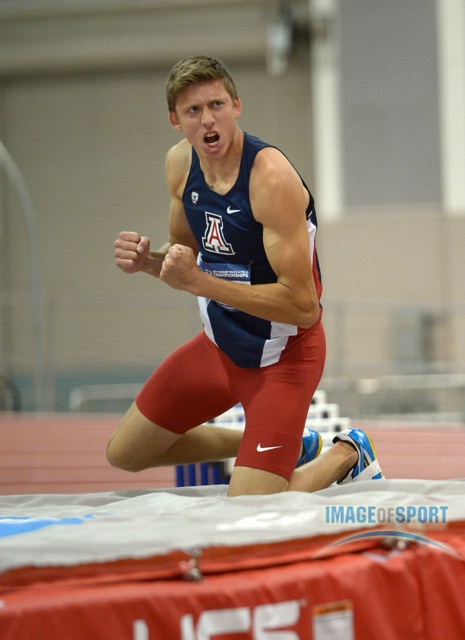 Pau Tonneson of Arizona celebrates after a meet-record clearance of 7-0 1/2 (2.15m) in the heptathlon high jump