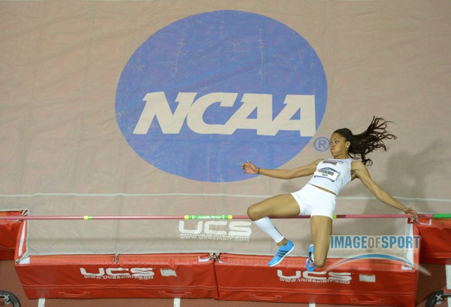 Mar 15, 2014; Albuquerque, NM, USA; General view of Erica Bougard of Mississippi in the pentathlon high jump in the 2014 NCAA Indoor Championships at Albuquerque Convention Center. Bougard cleared 5-10 1/2 (1.79m).