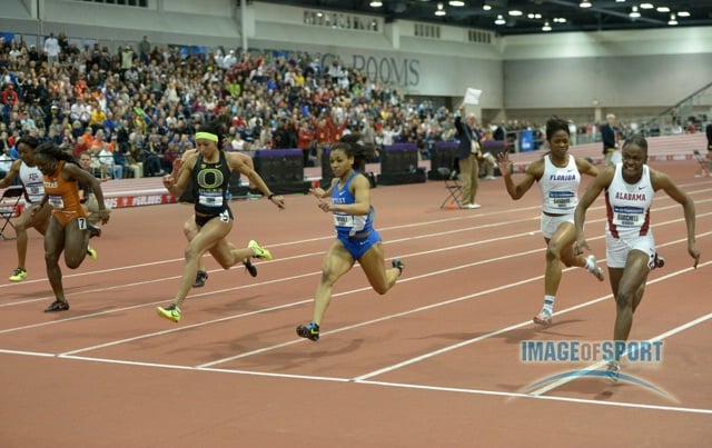 Mar 15, 2014; Albuquerque, NM, USA; Remona Burchell of Alabama wins the womens 60m in 7.11 in the 2014 NCAA Indoor Championships at Albuquerque Convention Center. From left: Jennifer Madu (Texas A&M), Morolake Akinosun (Texas), Jenna Prandini and Jasmine Todd (Oregon), Dezerea Bryant (Kentucky), Shayla Sanders (Florida) and Burchell.