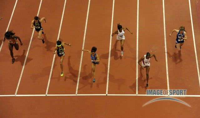 Mar 15, 2014; Albuquerque, NM, USA; Remona Burchell of Alabama wins the womens 60m in 7.11 in the 2014 NCAA Indoor Championships at Albuquerque Convention Center. From left: Morolake Akinosun (Texas), Jenna Prandini and Jasmine Todd (Oregon), Dezerea Bryant (Kentucky), Shayla Sanders (Florida) and Burchell and Katie Wise (Indiana State).