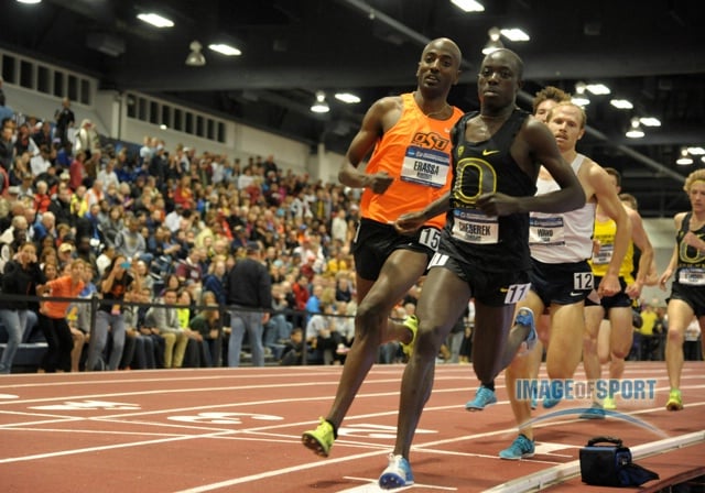 Mar 15, 2014; Albuquerque, NM, USA; Edward Cheserek of Oregon celebrates wins the 3,000m in 8:11.59 in the 2014 NCAA Indoor Championships at Albuquerque Convention Center.