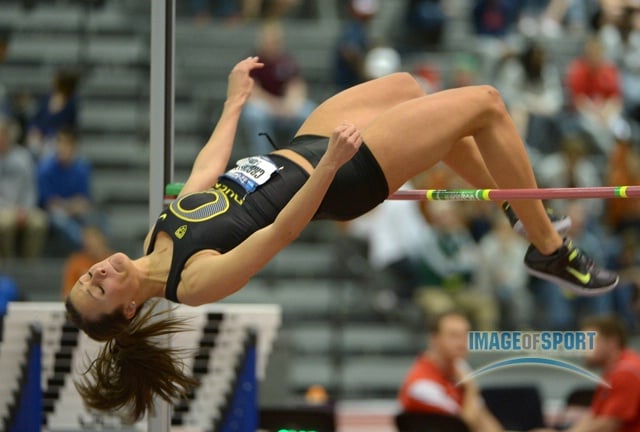 Mar 15, 2014; Albuquerque, NM, USA; Lauren Crockett of Oregon places ninth in the womens high jump at 5-11 1/4 (1.81m) in the 2014 NCAA Indoor Championships at Albuquerque Convention Center.