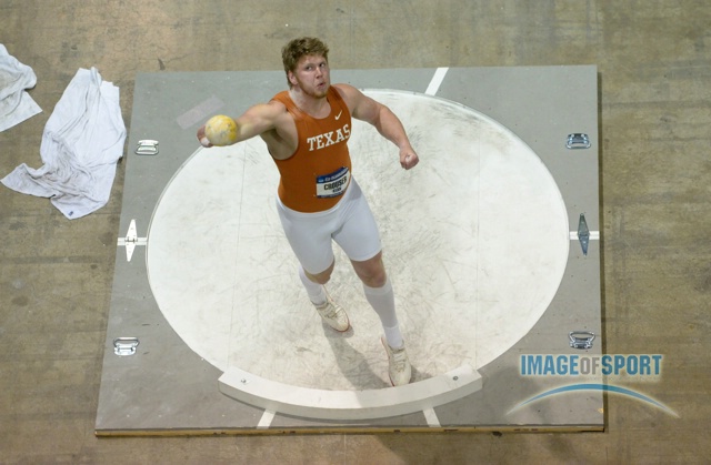 Mar 15, 2014; Albuquerque, NM, USA; Ryan Crouser of Texas wins the shot put with a throw of 69-7 (21.21m) in the 2014 NCAA Indoor Championships at Albuquerque Convention Center.