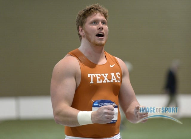 Mar 15, 2014; Albuquerque, NM, USA; Ryan Crouser of Texas celebrates after a throw in the fourth round of the shot put in the 2014 NCAA Indoor Championships at Albuquerque Convention Center. Crouser won with an effort of 69-7 (21.21m).