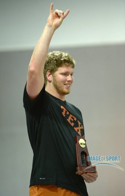 Mar 15, 2014; Albuquerque, NM, USA; Ryan Crouser of Texas poses on the awards podum after winning the shot put with a throw of 69-7 (21.21m) in the 2014 NCAA Indoor Championships at Albuquerque Convention Center.