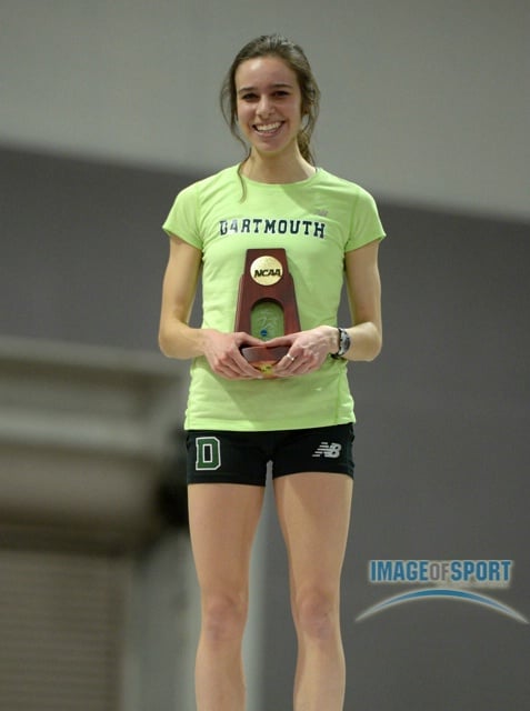 Mar 15, 2014; Albuquerque, NM, USA; Abbey D'Agostino of Dartmouth poses on the awards podium after winning the womens 3,000m in 9:14.47 in the 2014 NCAA Indoor Championships at Albuquerque Convention Center.