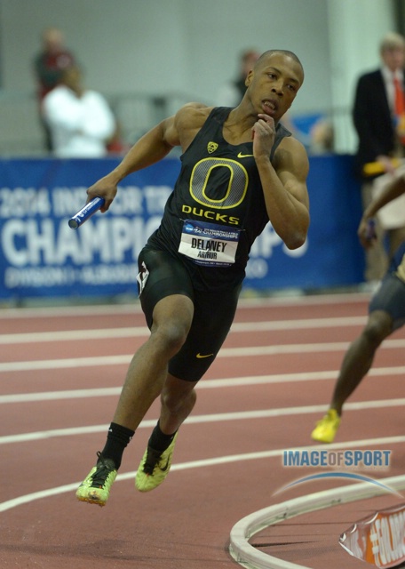 Mar 15, 2014; Albuquerque, NM, USA; Arthur Delaney runs a leg on the Oregon 4 x 400m relay in the 2014 NCAA Indoor Championships at Albuquerque Convention Center.