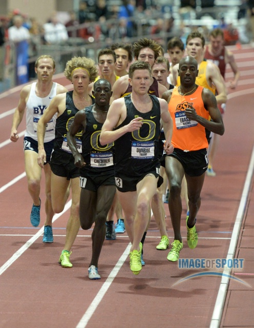 Mar 15, 2014; Albuquerque, NM, USA; Trevor Dunbar and Edward Cheserek and Parker Stinson of Oregon lead the 3,000m in the 2014 NCAA Indoor Championships at Albuquerque Convention Center.