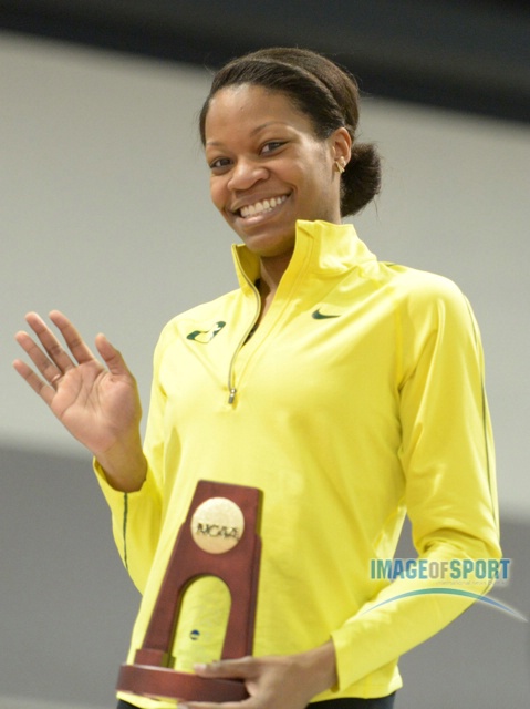 Mar 15, 2014; Albuquerque, NM, USA; Phyllis Francis of Oregon poses on the awards podium after winning the womens 400m in a collegiate record 50.46 in the 2014 NCAA Indoor Championships at Albuquerque Convention Center.