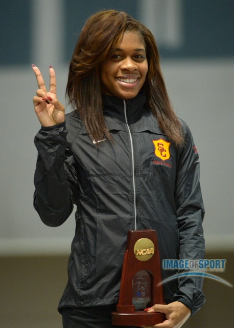 Mar 15, 2014; Albuquerque, NM, USA; Tynia Gaither of Southern California poses on the awards podium after finishing sixth in the womens 200m in the 2014 NCAA Indoor Championships at Albuquerque Convention Center.