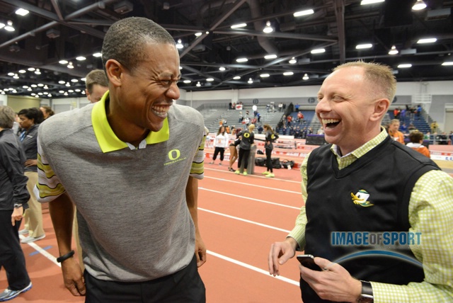 Mar 15, 2014; Albuquerque, NM, USA; Oregon Ducks coach Robert Johnson (left) celebrates with athletics director Rob Mullens after the Ducks won the mens and womens team titles in the 2014 NCAA Indoor Championships at Albuquerque Convention Center.
