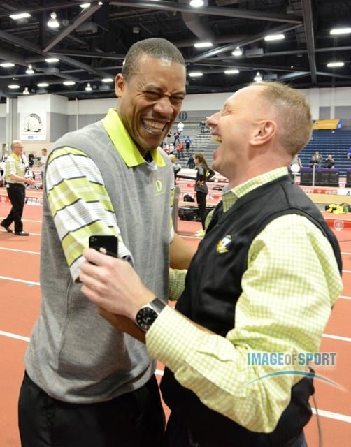 Mar 15, 2014; Albuquerque, NM, USA; Oregon Ducks coach Robert Johnson (left) celebrates with athletics director Rob Mullens after the Ducks won the mens and womens team titles in the 2014 NCAA Indoor Championships at Albuquerque Convention Center.