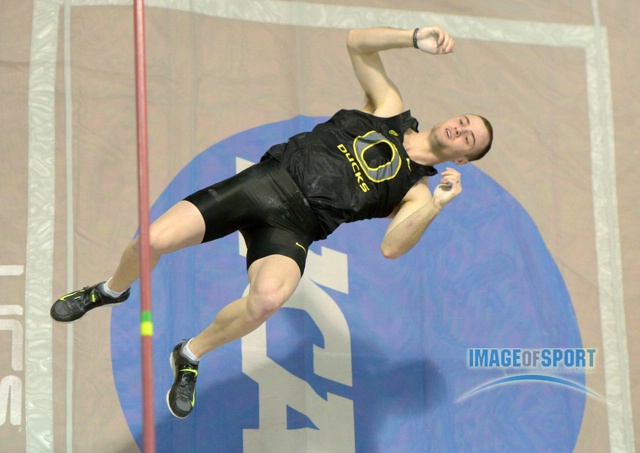 Mar 15, 2014; Albuquerque, NM, USA; Dakotah Keys of Oregon celebrates after clearing 16-2 3/4 (4.95m) in the hepatathlon pole vault in the 2014 NCAA Indoor Championships at Albuquerque Convention Center.