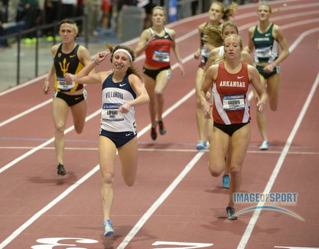 Mar 15, 2014; Albuquerque, NM, USA; Emily Lipari of Villanova wins the womens mile in 4:38.82 in the 2014 NCAA Indoor Championships at Albuquerque Convention Center.