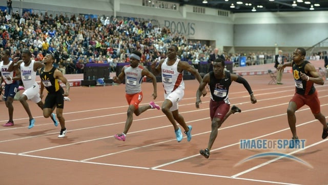 Mar 15, 2014; Albuquerque, NM, USA; Dentarius Locke of Florida State (lane 3) wins the 60m in 6.52 in the 2014 NCAA Indoor Championships at Albuquerque Convention Center. From left: Jalen Miller (Mississippi), Antwan Wright (Florida), Ryan Milus (Arizona State), Cameron Burrell (Houston), Diondre Batson (Alabama), Locke and Aaron Brown (Southern California).