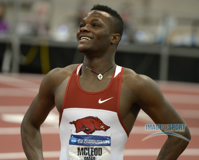Mar 15, 2014; Albuquerque, NM, USA; Omar McLeod of Arkansas celebrates after winning the 60m hurdles in 7.58 in the 2014 NCAA Indoor Championships at Albuquerque Convention Center.