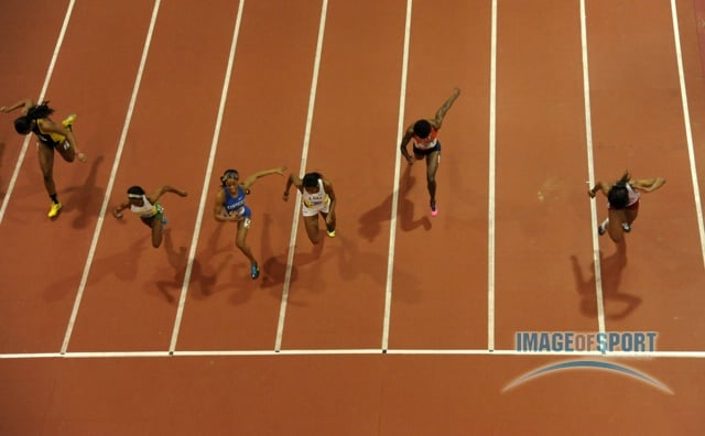 Mar 15, 2014; Albuquerque, NM, USA; Sharika Nelvis of Arkansas State (lane 1) wins the womens 60m hurdles in 7.93 in the 2014 NCAA Indoor Championships at Albuquerque Convention Center. From left: Cindy Ofili (Michigan), Tiffani McReynolds (Baylor), Kendra Harrison (Kentucky), Jasmin Stowers (LSU), Janice Jackson (UTEP) and Nelvis.