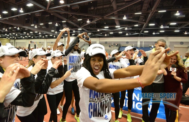 Mar 15, 2014; Albuquerque, NM, USA; Chizoba Okodogbe celebrates with Oregon teammates after the Ducks won the womens team title in the 2014 NCAA Indoor Championships at Albuquerque Convention Center.