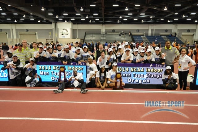 Mar 15, 2014; Albuquerque, NM, USA; Members of the Oregon Ducks mens and womens team pose after winning the team titles in the 2014 NCAA Indoor Championships at Albuquerque Convention Center.