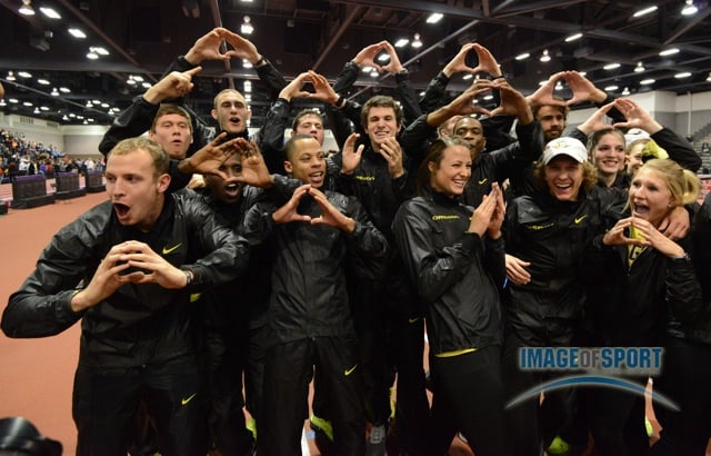 Mar 15, 2014; Albuquerque, NM, USA; Members of the Oregon Ducks mens and womens teams celebrate after winning the team title in the 2014 NCAA Indoor Championships at Albuquerque Convention Center.