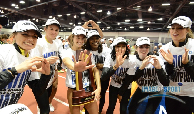 Mar 15, 2014; Albuquerque, NM, USA; Members of the Oregon womens team pose after winning the team title for the fifth year in a row in the 2014 NCAA Indoor Championships at Albuquerque Convention Center.