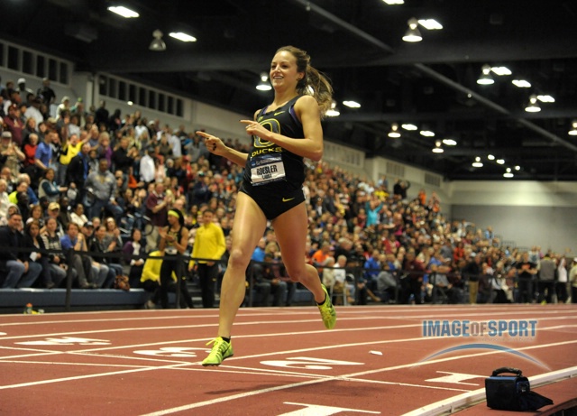 Mar 15, 2014; Albuquerque, NM, USA; Laura Roesler of Oregon celebrates after winning the 800m in 2:03.85 in the 2014 NCAA Indoor Championships at Albuquerque Convention Center.