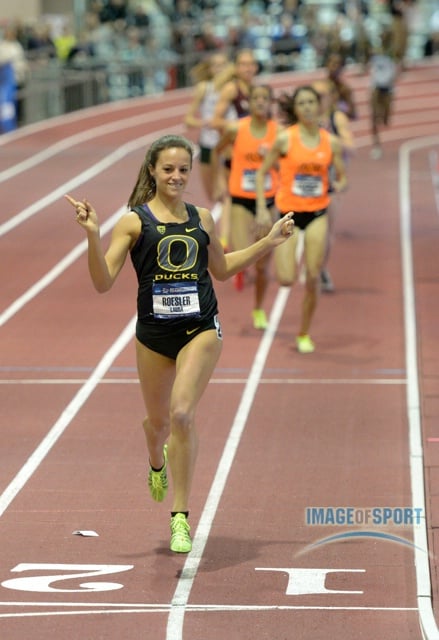 Mar 15, 2014; Albuquerque, NM, USA; Laura Roesler of Oregon celebrates after winning the 800m in 2:03.85 in the 2014 NCAA Indoor Championships at Albuquerque Convention Center.