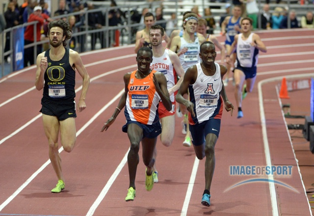 Mar 15, 2014; Albuquerque, NM, USA; Anthony Rotich of UTEP defeats Lawi Lalang of Arizona (right) and Mac Fleet of Oregon to win the mile in 4:02.56 in the 2014 NCAA Indoor Championships at Albuquerque Convention Center.