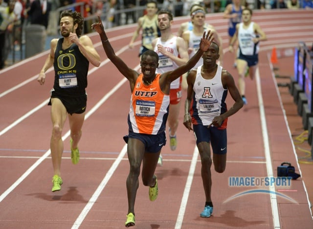 Mar 15, 2014; Albuquerque, NM, USA; Anthony Rotich of UTEP defeats Lawi Lalang of Arizona (right) and Mac Fleet of Oregon to win the mile in 4:02.56 in the 2014 NCAA Indoor Championships at Albuquerque Convention Center.