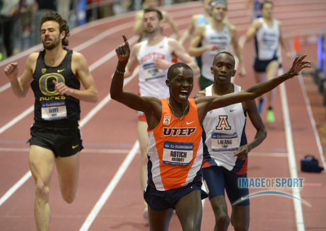 Mar 15, 2014; Albuquerque, NM, USA; Anthony Rotich of UTEP defeats Lawi Lalang of Arizona (right) and Mac Fleet of Oregon to win the mile in 4:02.56 in the 2014 NCAA Indoor Championships at Albuquerque Convention Center.