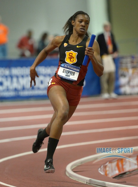 Mar 15, 2014; Albuquerque, NM, USA; Jaide Stepter runs the third leg on the Southern California womens 4 x 400m relay that placed sixth in 3:33.20 in the 2014 NCAA Indoor Championships at Albuquerque Convention Center.